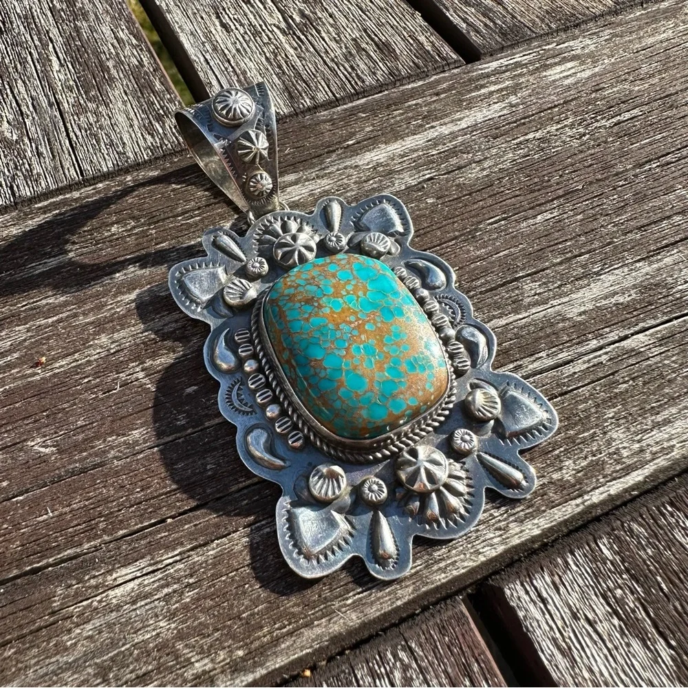 Dean Sandoval repousse silver and turquoise statement pendant - Picture 2 of 8